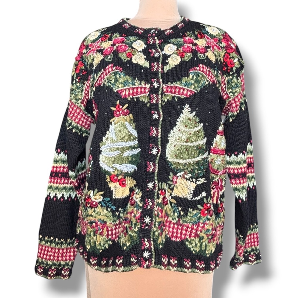 Vintage 2000s Christmas Cardigan Embroidered Tree Beaded Holiday Sweater XL New